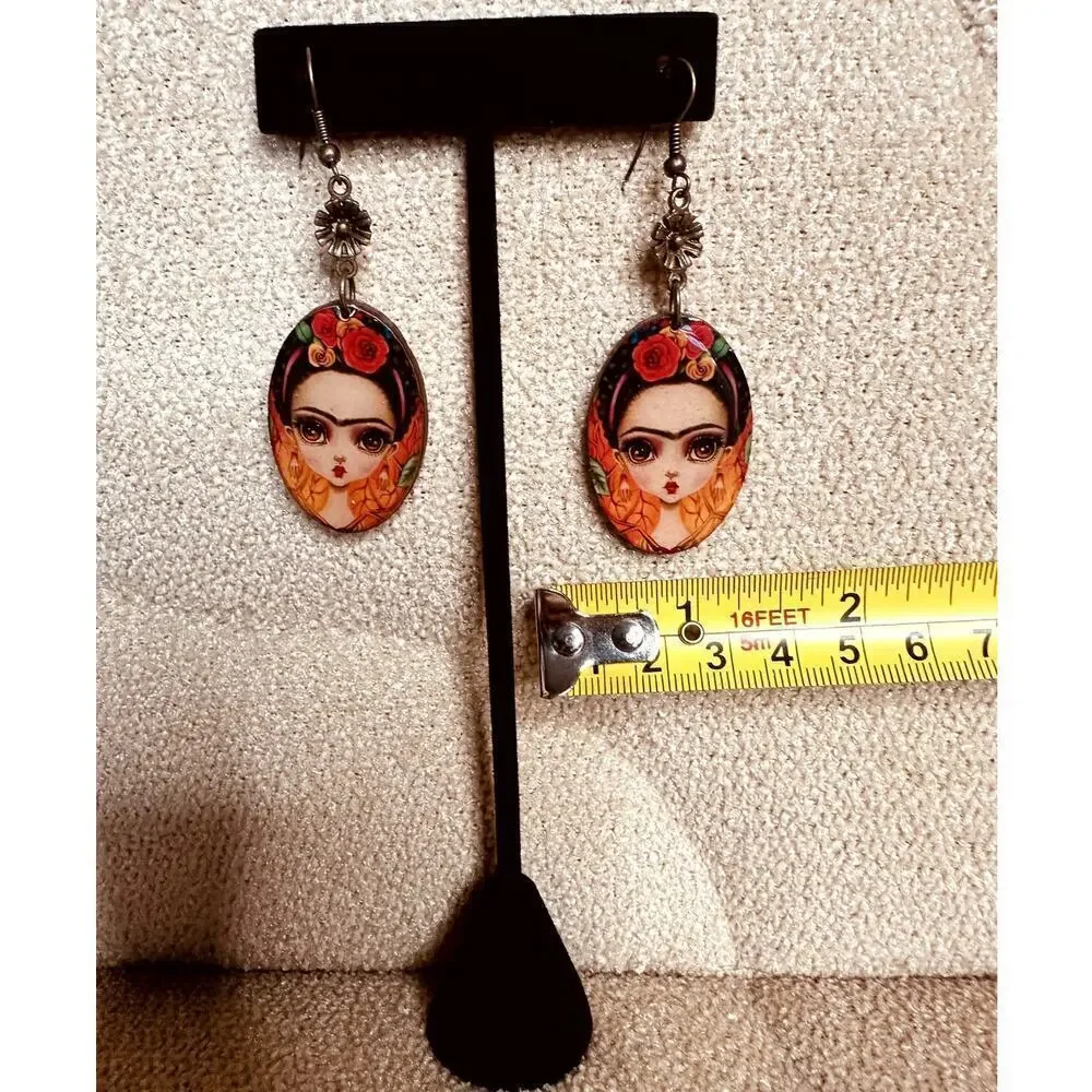 Frida Kahlo Red Orange Oval Wooden Lightweight Printed Earrings 1.5